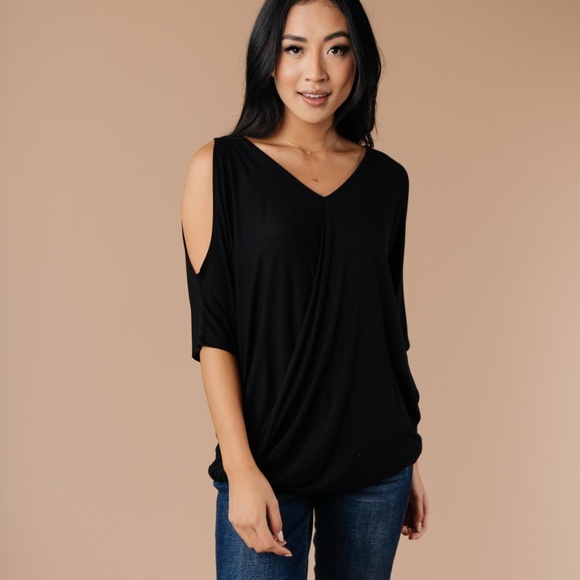 Cold Shoulder Wrap Top, Black, Size Small - Picture 1 of 4